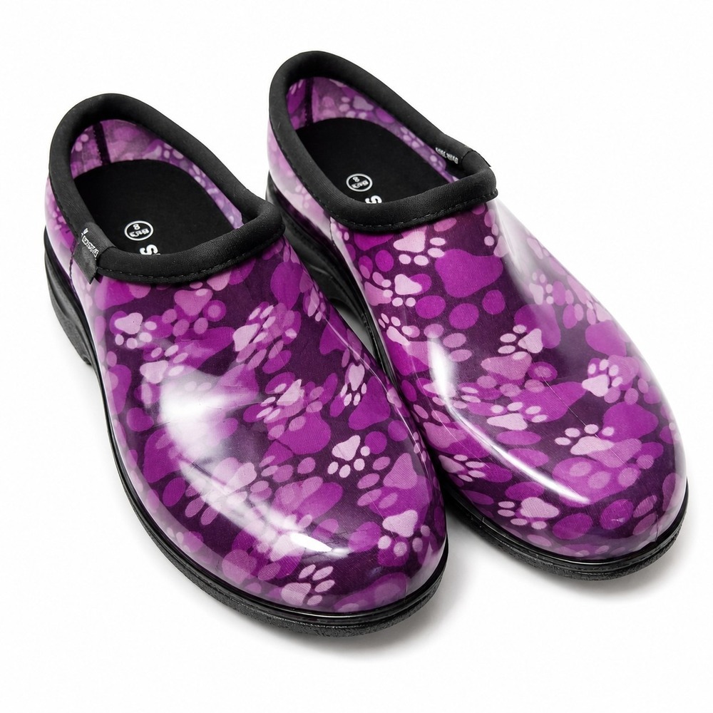 SLOGGERS Waterproof Garden Clogs Womens Sz 8 Purple Paw AOP Garden Outdoor GUC